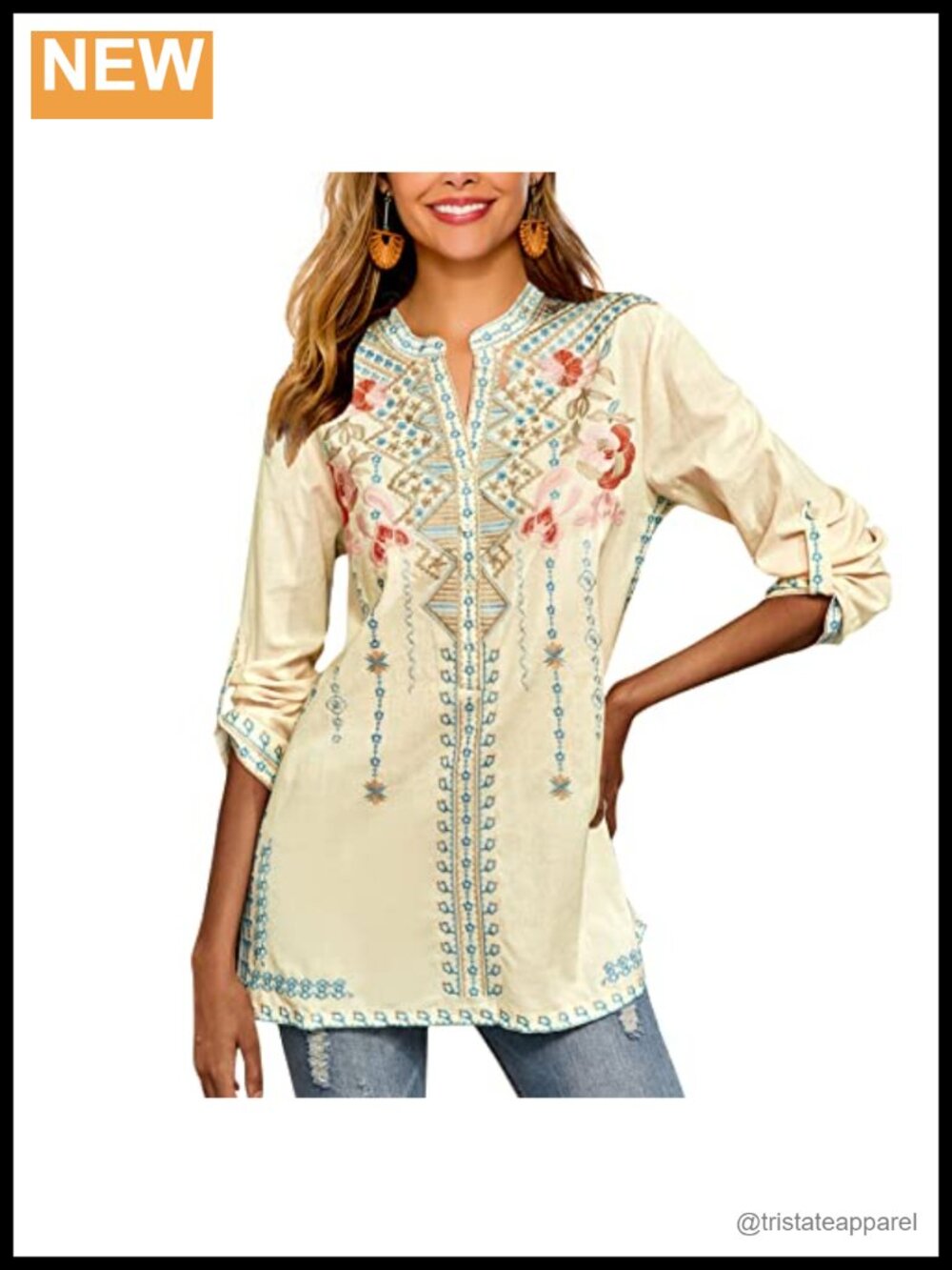 Embroidered Cotton Rayon Peasant Tunic Blouse Boho V-Neck Long Sleeve